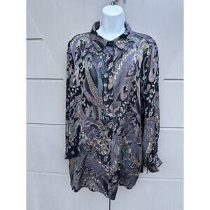 Susan Graver Button Front Shirt Multicolor Paisley Print Sheer Velvet Burnout 1X